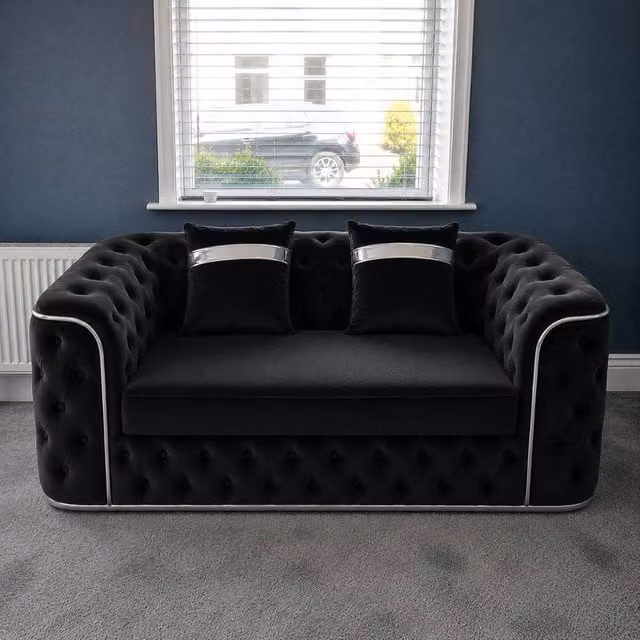 Stratus Interiors Ambassador Chesterfield Sofa in Black Plush Velvet with Silver Trim