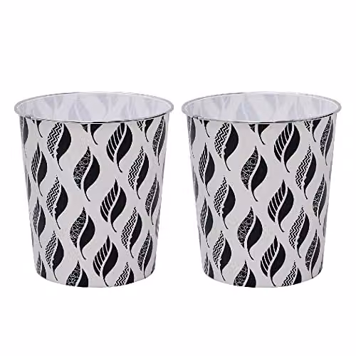 JVL Small Leaves Waste Paper Bin Set of 2 in Black, Silver and White Plastic