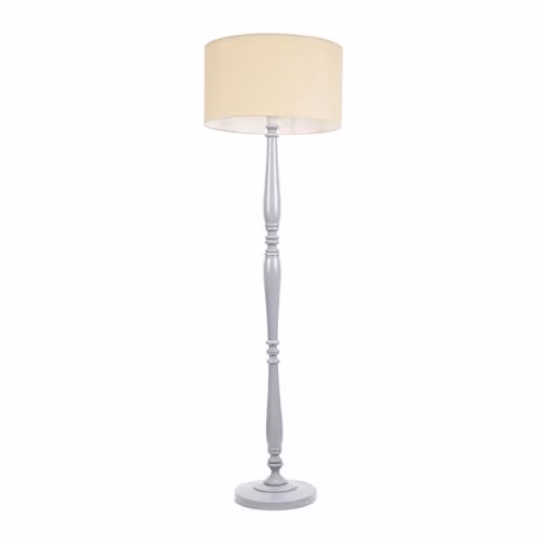 ValueLights Traditional Grey Wood Candlestick Floor Lamp with Beige Fabric Drum Shade and LED Bulb, H 155 cm x W 45 cm x D 45 cm – 1