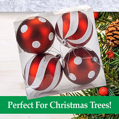 VFM Red and White Candy Cane Striped Baubles (4 Pack) - Christmas Tree Decorations, Diameter: 9 cm – 3
