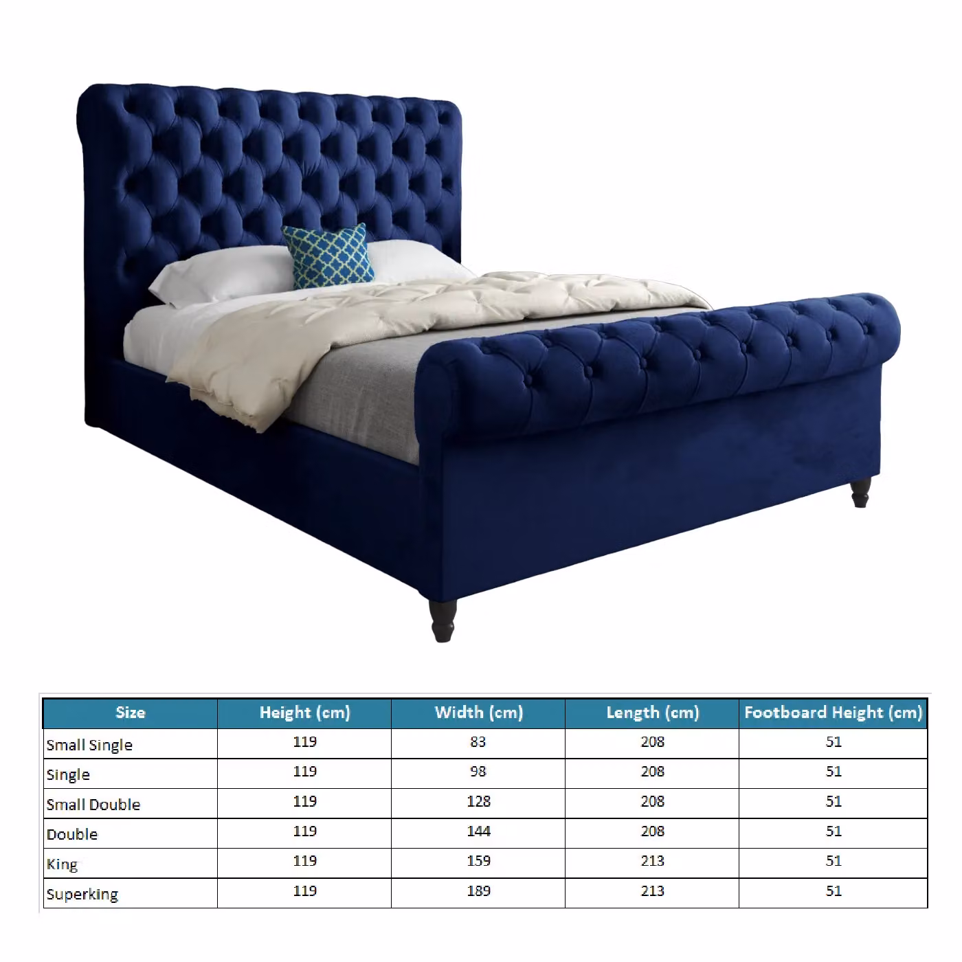 Casani Classic Upholstered Velvet Bed Frame in Blue, W/D/H: 180 x 200 cm – 5