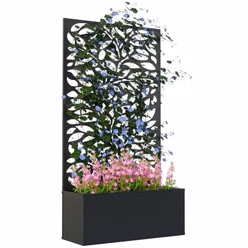 Outsunny Metal Raised Garden Bed with Trellis and Privacy Screen in Black