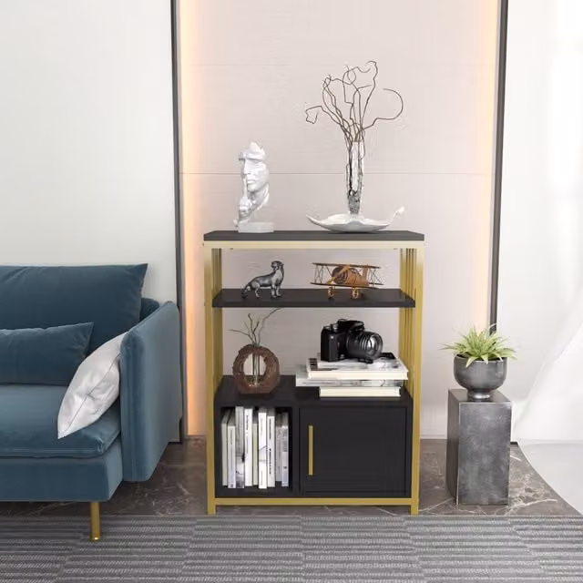 Decorotika Letos Industrial Bookcase with Metal and Wood Frame in Anthracite and Gold