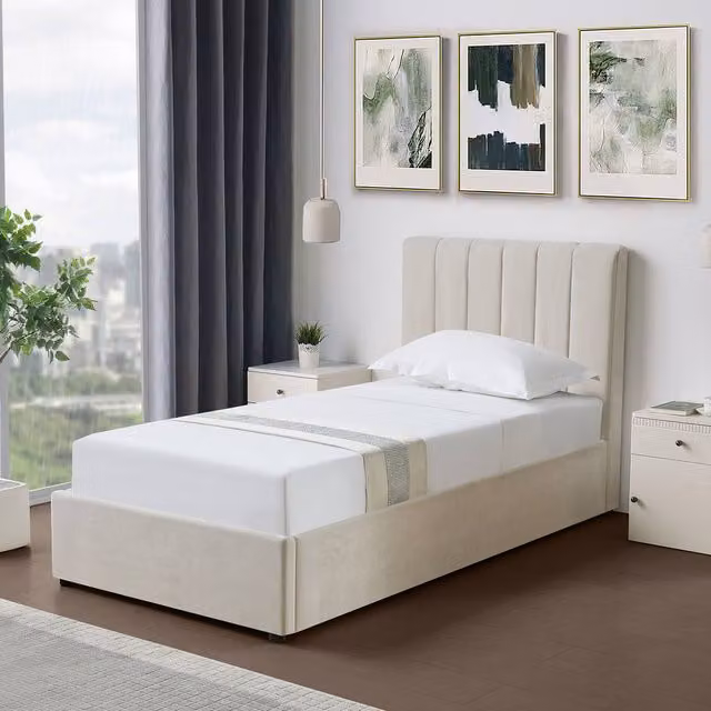 Artemis Home Evelynne Single Ottoman Bed Frame with Storage, Upholstered Fabric, Beige, W/D/H: 90 x 190 cm