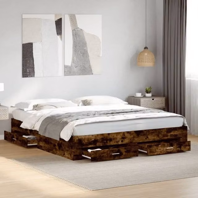 Berkfield Home Modern Bed Frame with Drawers in Smoked Oak Brown, W/D/H: 200 x 200 cm