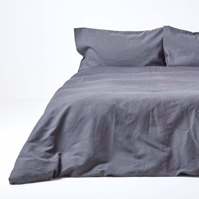 Homescapes Plain Grey Linen and Combed Cotton Duvet Cover Set with Pillowcase, W/D/H: 140 x 200 cm