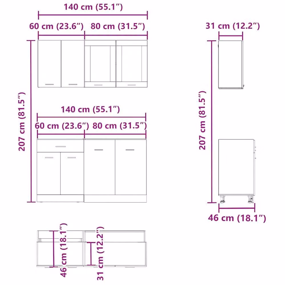 Berkfield Home Lyon 4 Piece Freestanding Kitchen Cabinet Set in Brown Old Wood – 3