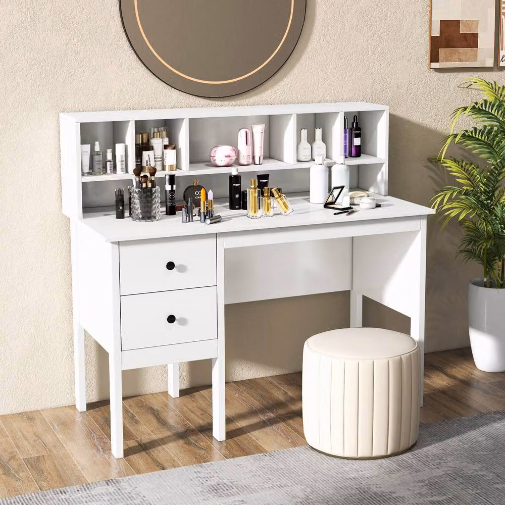 Gymax White Modern Computer Desk with Power Outlets and Drawers, W: 120 cm – 4