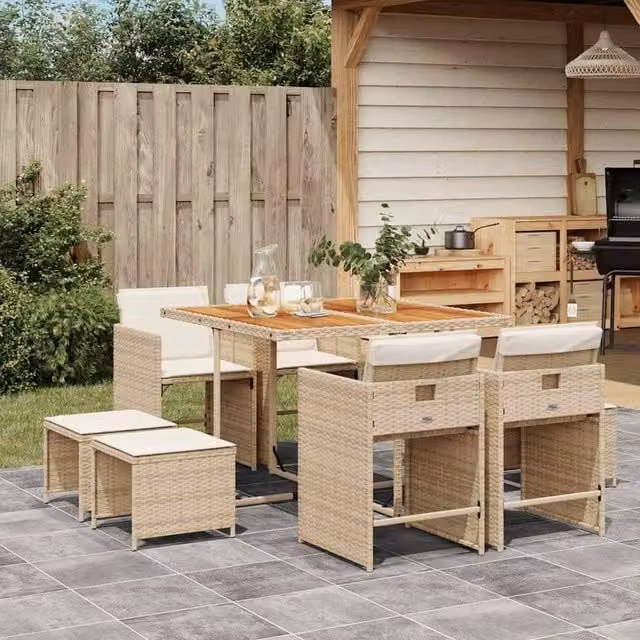 Berkfield Home Garden Modern Polyrattan Dining Set in Beige and Brown with Acacia Wood – 1