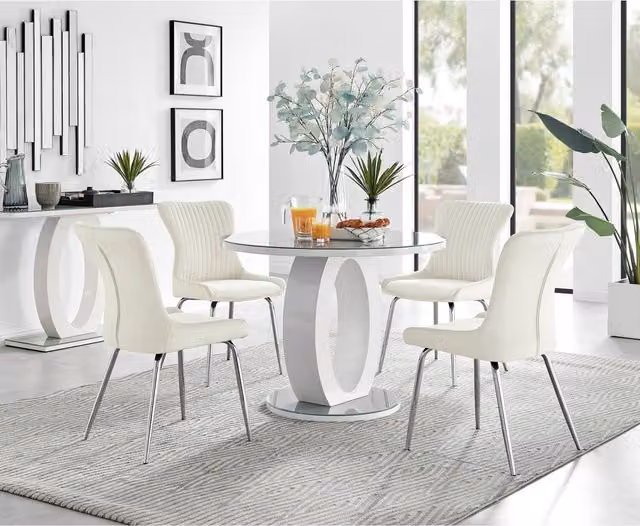 FurnitureboxUK Giovani Round Grey Glass Dining Table with 4 Nora Cream Chairs and Silver Legs, Diameter: 100 cm