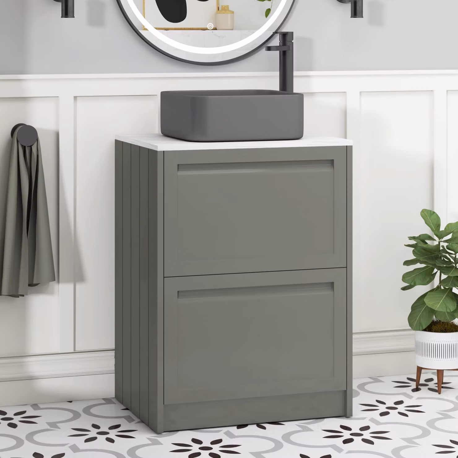 Royal Bathrooms Elmore Matt Green Floor Standing Countertop Vanity Unit with 2 Drawers and Art Square Basin, Width: 60 cm