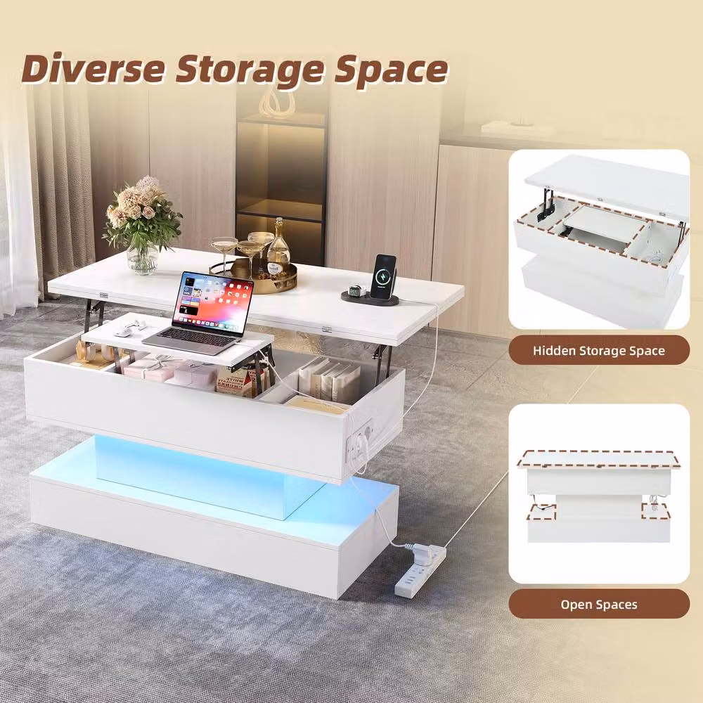 ModernLuxe White Lift Top Coffee Table with Storage and LED Light – 4