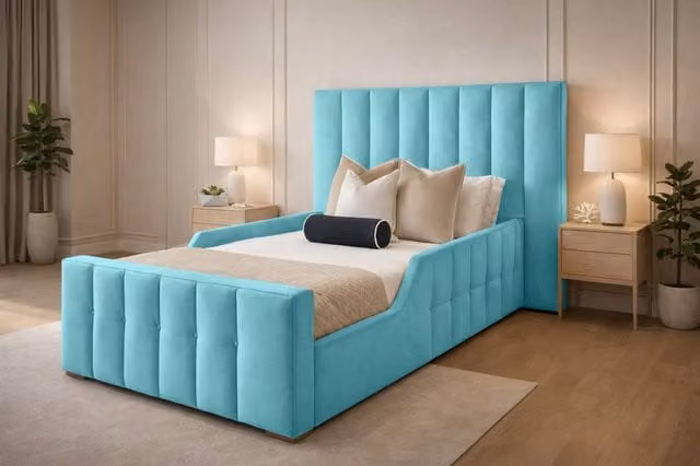 Paradise Beds Ltd Single Wooden Upholstered Kids Bed Frame with Headboard in Petrol Blue Velvet, 90 x 190 cm