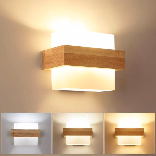 COMELY Modern Square Wooden Wall Light with Transparent Glass Shade, E27, Brown and White