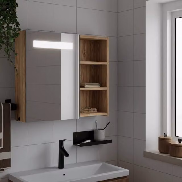 Berkfield Home Bathroom Mirror Cabinet with LED Light, Oak Brown, W: 60 cm, D: 13 cm, H: 52 cm – 1