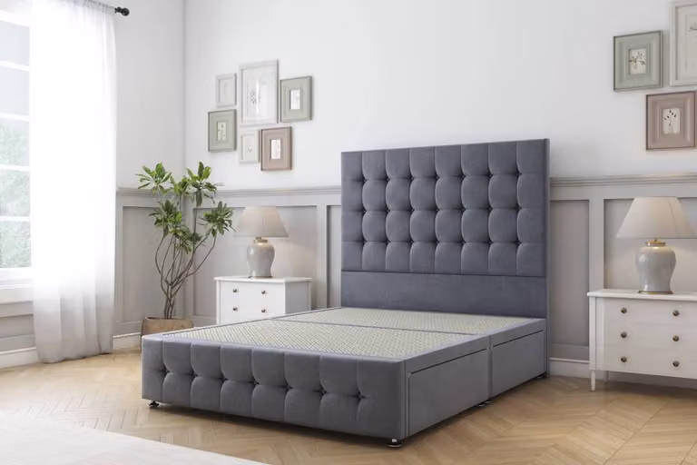 Comfort Beds Florence Plush Divan Base with 2 Drawers and Headboard-Footboard in Grey Velvet Fabric, W/D/H: 120 x 200 cm