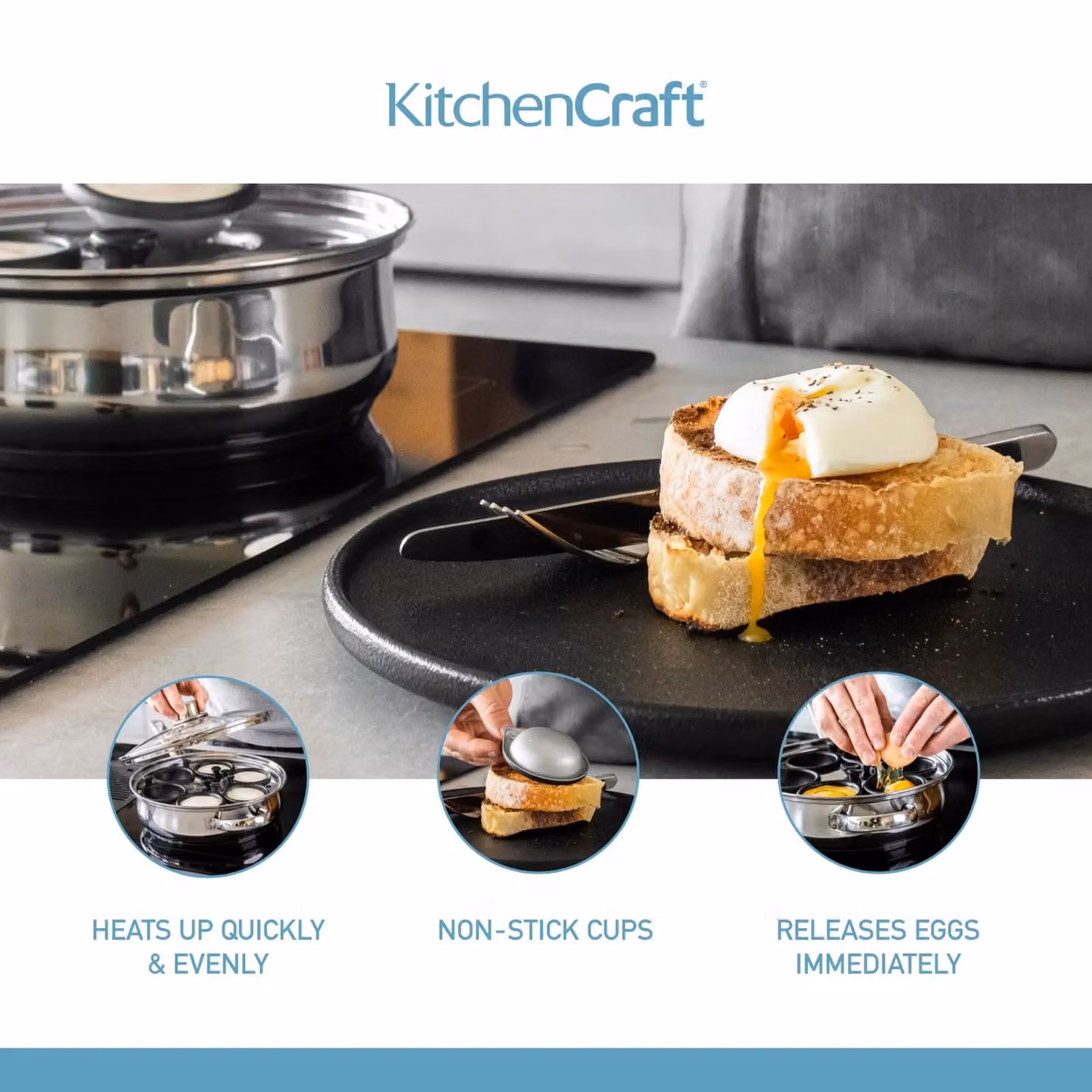 KitchenCraft Stainless Steel Six Hole Egg Poacher, Grey, 28 cm – 8