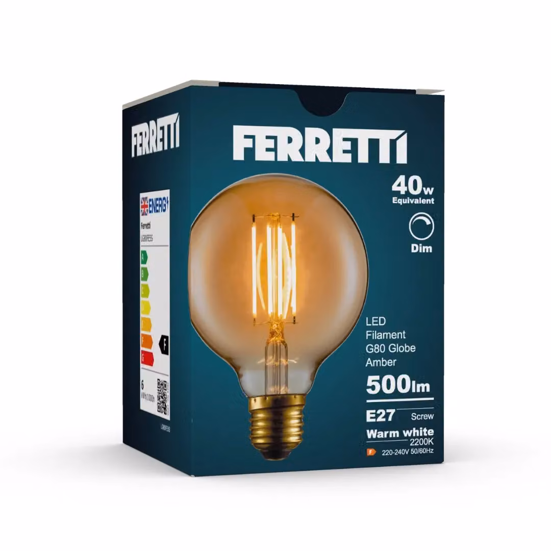 Ferretti G80 Amber Globe E27 LED Straight Filament Dimmable Bulb, Pack of 3 – 2