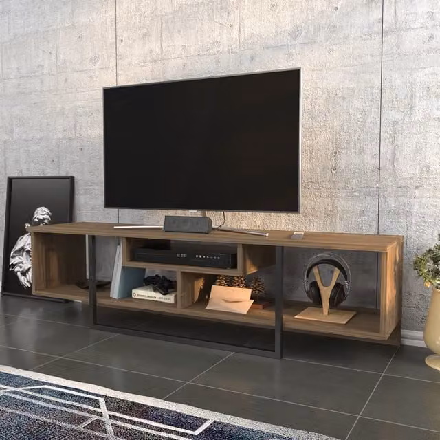 Asal Minimalist Walnut and Black Wood TV Unit