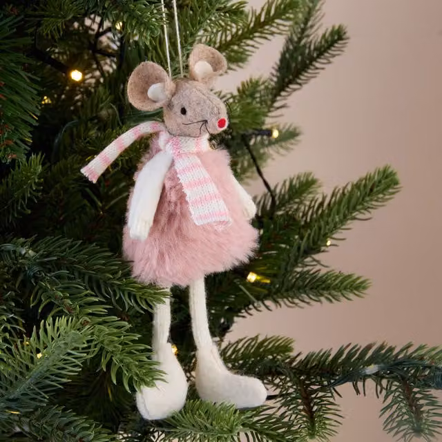 Blushing Ballroom Pink Striped Hanging Fluffy Mouse Textile Christmas Pendant
