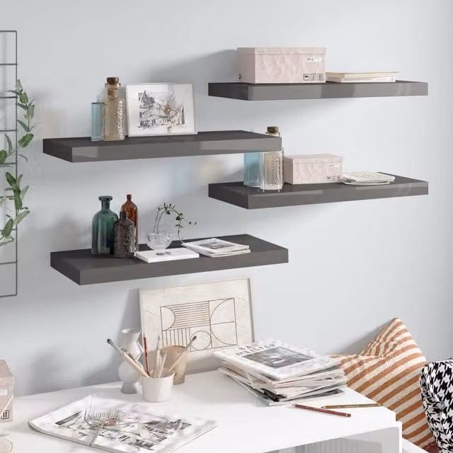 Berkfield Home Set of 4 Floating Wall Shelves in High Gloss Grey, W: 60 cm, D: 23.5 cm, H: 4 cm
