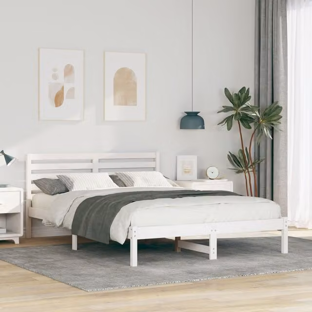 Berkfield Home White Solid Pine Wood Bed Frame with Headboard W: 140 cm, L: 210 cm – 1