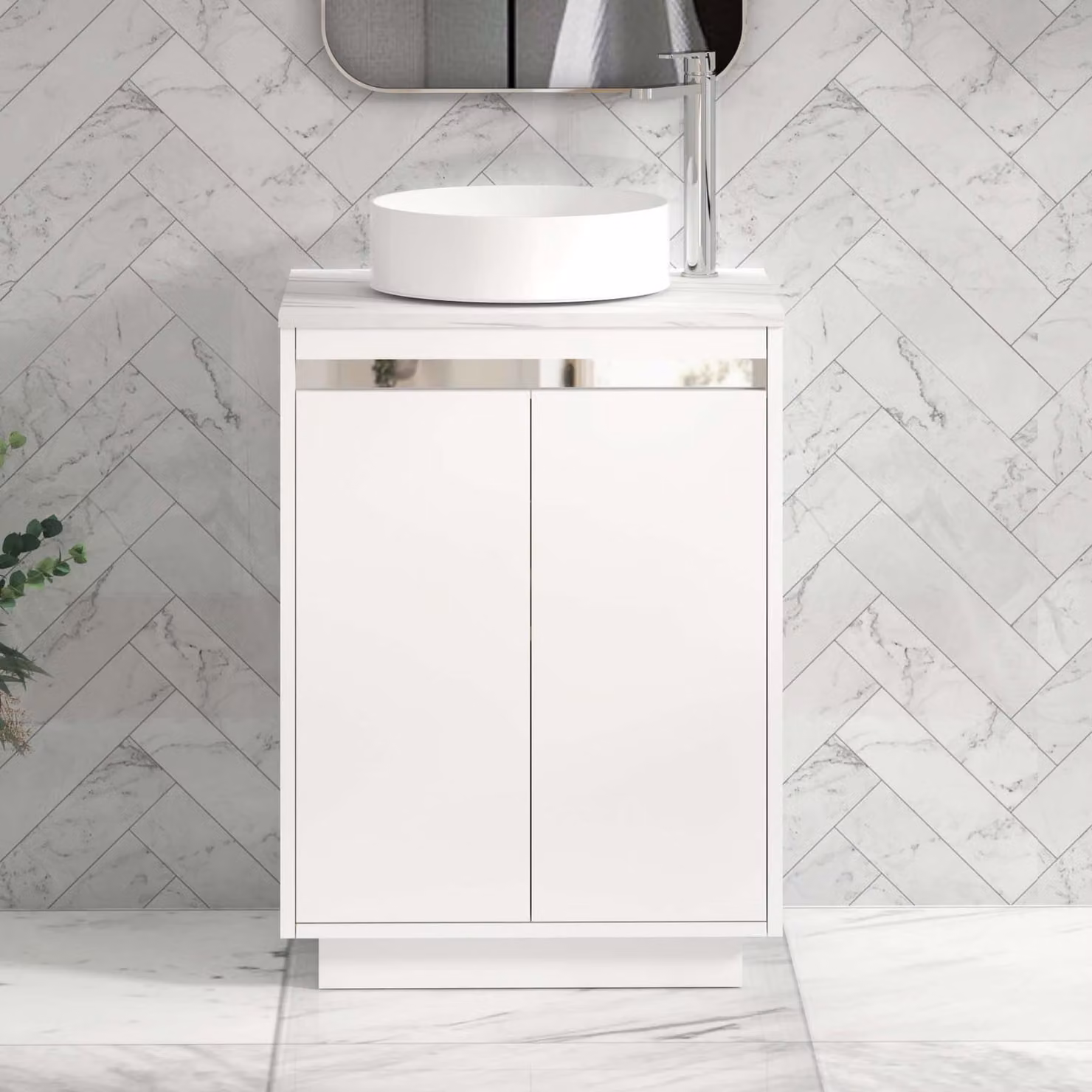 Royal Bathrooms Orion 600mm Matt White Floor Standing 2 Door Vanity Unit with Carrara White Undrilled Worktop and Chrome Accent Trim