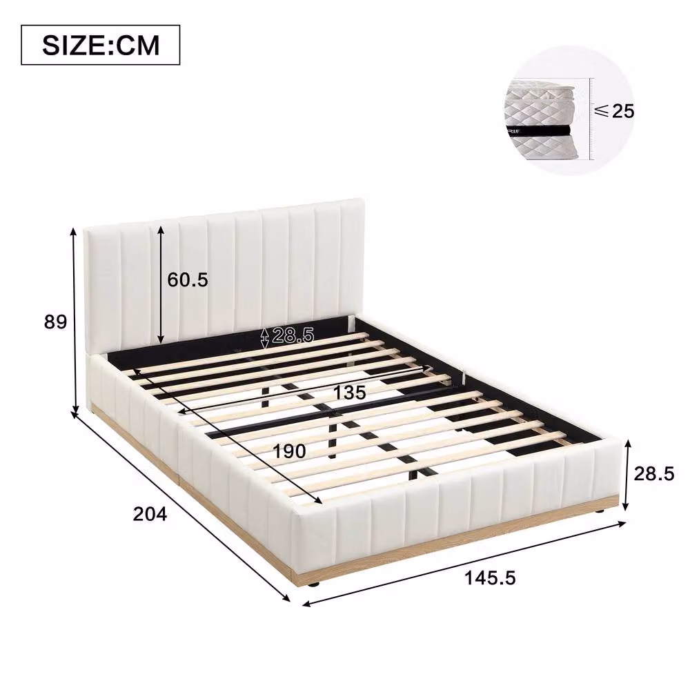 Merax White PU Leather Upholstered Double Bed with Fluted Headboard and Lift Up Base, W/D/H: 140 x 200 x 145.5 cm – 2