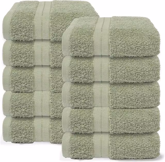 OHS 10 Pack of Fluffy 100% Cotton Bathroom Hand Towels in Pale Green – 1