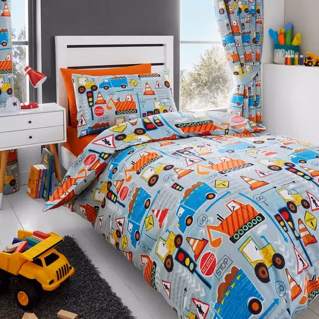 Happy Linen Company Kids Big Digger Construction Trucks Reversible Duvet Cover Bedding Set, Grey and Multicolour, W/D/H: 90 x 200 cm – 1