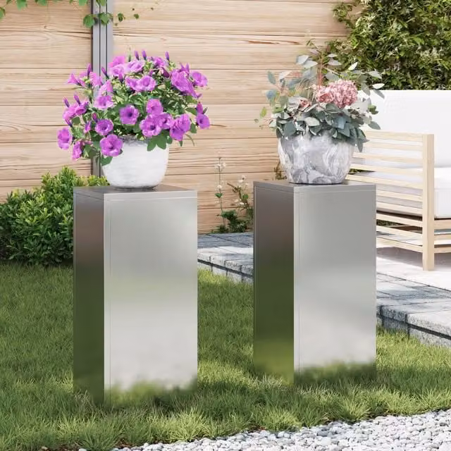 Berkfield Home Outdoor Plant Stand Pillar Set of 2, Galvanised Steel, Silver, W/D/H: 24 x 24 x 55 cm – 1