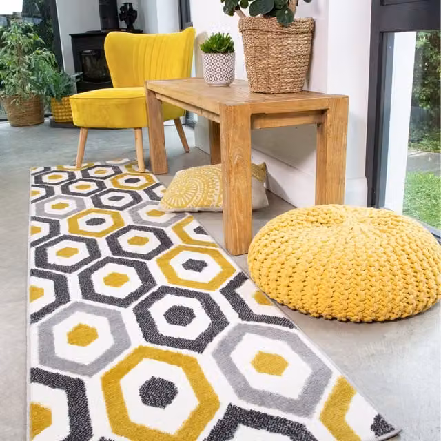 The Rug House Super Soft Diamond Geometric Rectangular Area Rug in Ochre and Grey, W: 240 cm, D: 60 cm