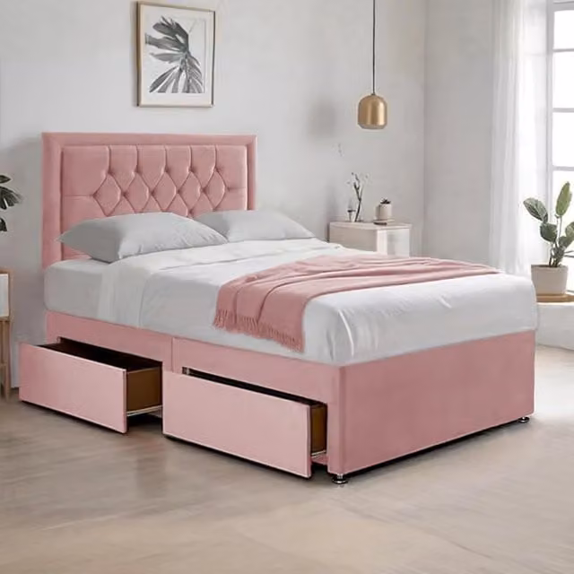 Bed Time UK Plush Pink Velvet Super King Divan Bed with Hybrid Mattress, 2 Drawers and 20 inch Chesterfield Headboard, W/D/H: 200 x 200 cm – 1