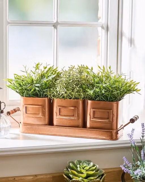 Dibor Set of 3 Metal Indoor Outdoor Garden Plant Pots with Tray, Bronze and Brown, W: 43 cm, H: 12 cm – 1