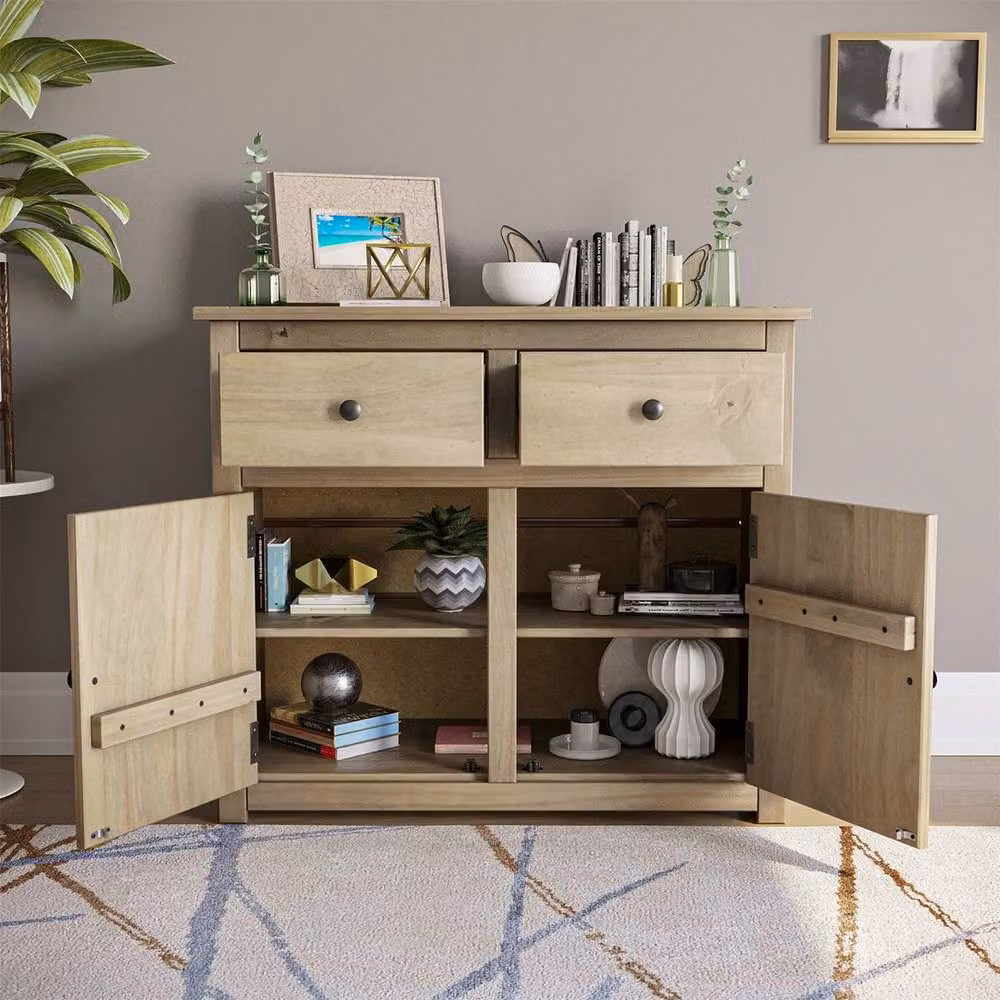Havendro Solid Pine Wood Sideboard with 2 Doors and 2 Drawers in Natural Waxed Finish – 4