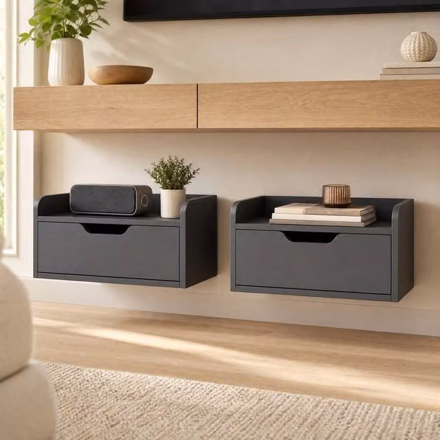 STILVORA Set of 2 Modern Wall-Mounted Floating Bedside Tables with Drawer in Black – 1