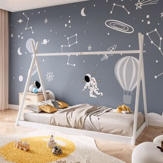 Livingandhome White Lacquered Solid Pine Wood Montessori House Frame Bed for Children