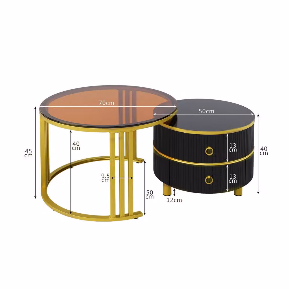 Merax Modern 2-Piece Nesting Coffee Table Set with Tempered Glass and Drawers in Black and Brown – 2