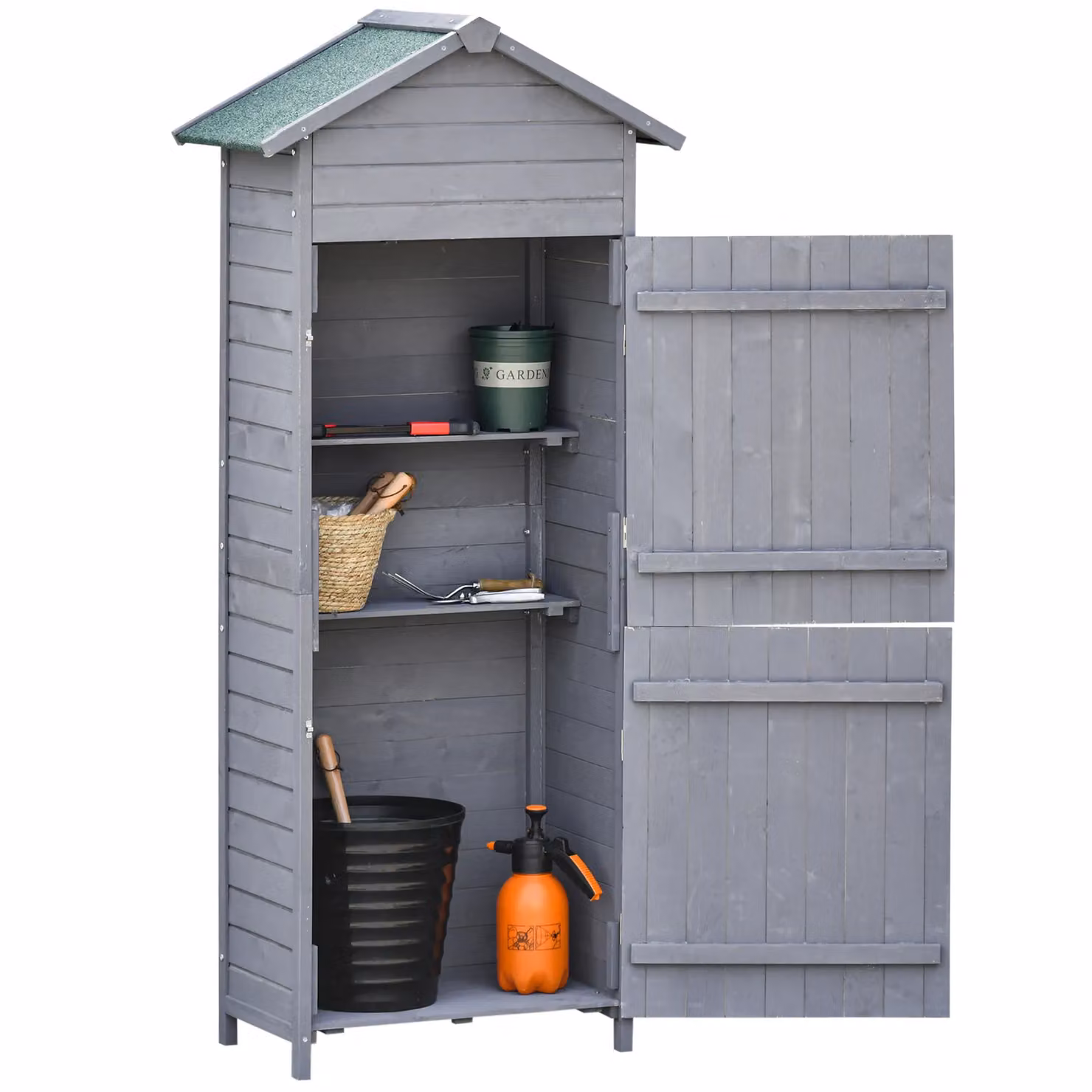 OUTSUNNY Wood Garden Storage Shed Tool Cabinet with Gable Roof in Mid Grey, W/D/H: 65.0 x 44.0 x 189.0 cm – 2