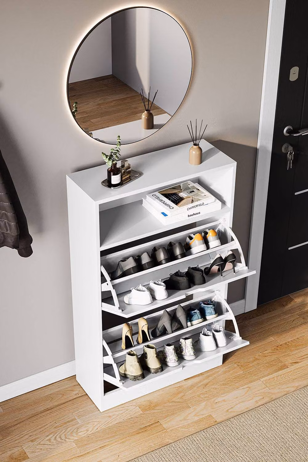 HD Designs Modern White 2 Drawer Shoe Cabinet with Tilting Compartments and Open Shelf Space – 2