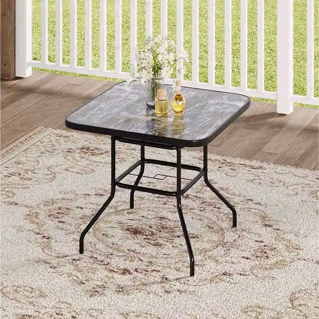 Komore Modern Abstract Black Tempered Glass Patio Table with Glossy Marble Effect Surface