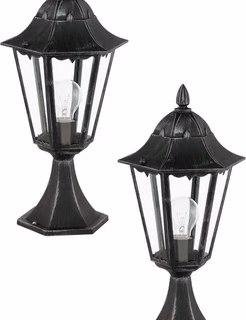 Loops 2 Pack IP44 Outdoor Pedestal Lanterns in Black and Silver Patina with Glass and Aluminium Construction for Garden Use, E27 60W Compatible