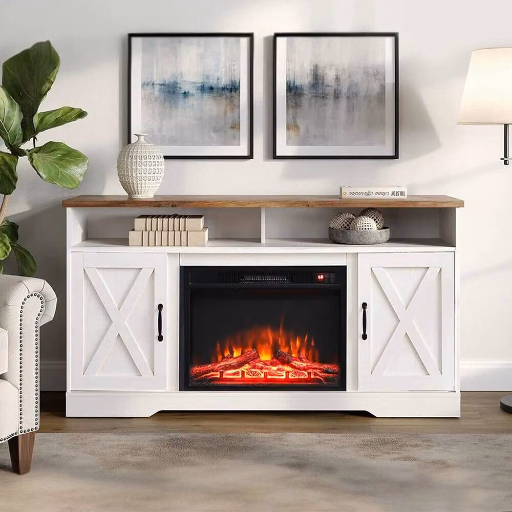 FORGEVIO Modern White TV Stand Unit Cabinet with Electric Fireplace and Media Compartments – 6