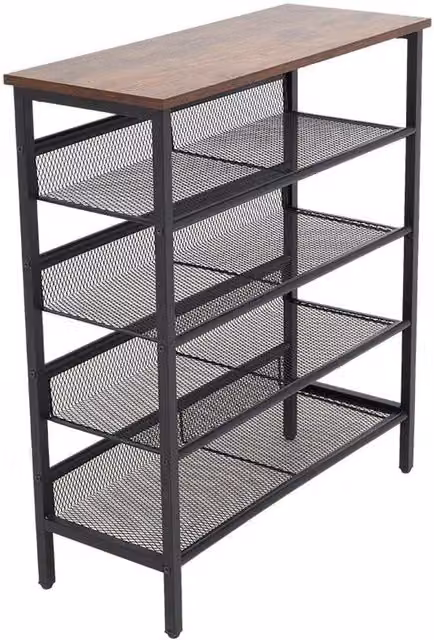 VOGREX 5 Tier Industrial Metal and Wood Shoe Rack with Adjustable Shelves in Black and Multicolour