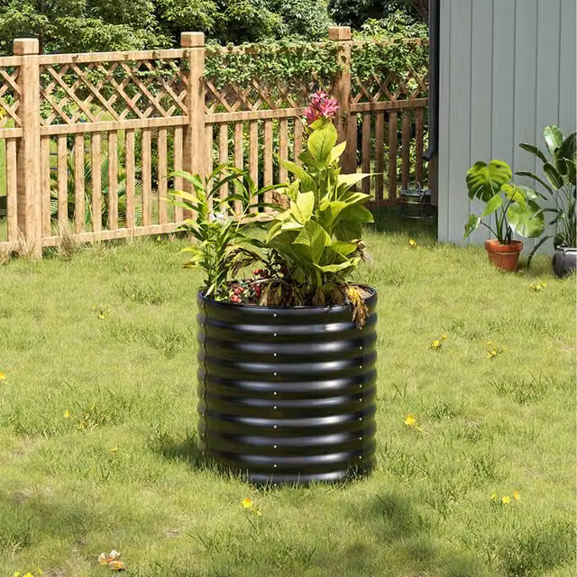 Livingandhome Cylindrical Galvanised Steel Raised Garden Bed in Anthracite