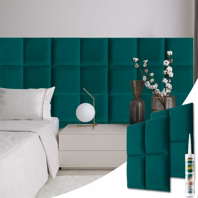 Novecrafto Set of 4 Soft Velvet Upholstered Wall Panels in Dark Green with Adhesive, W/D/H: 30 x 30 x 3 cm – 1