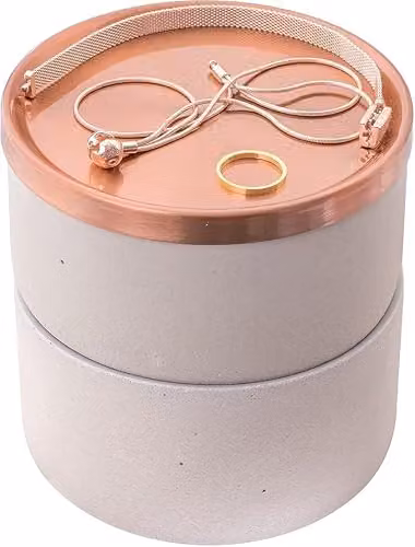 Sasha Morel Round Concrete Jewellery Storage Organiser Box with Gold Metal Lid in Grey and Gold