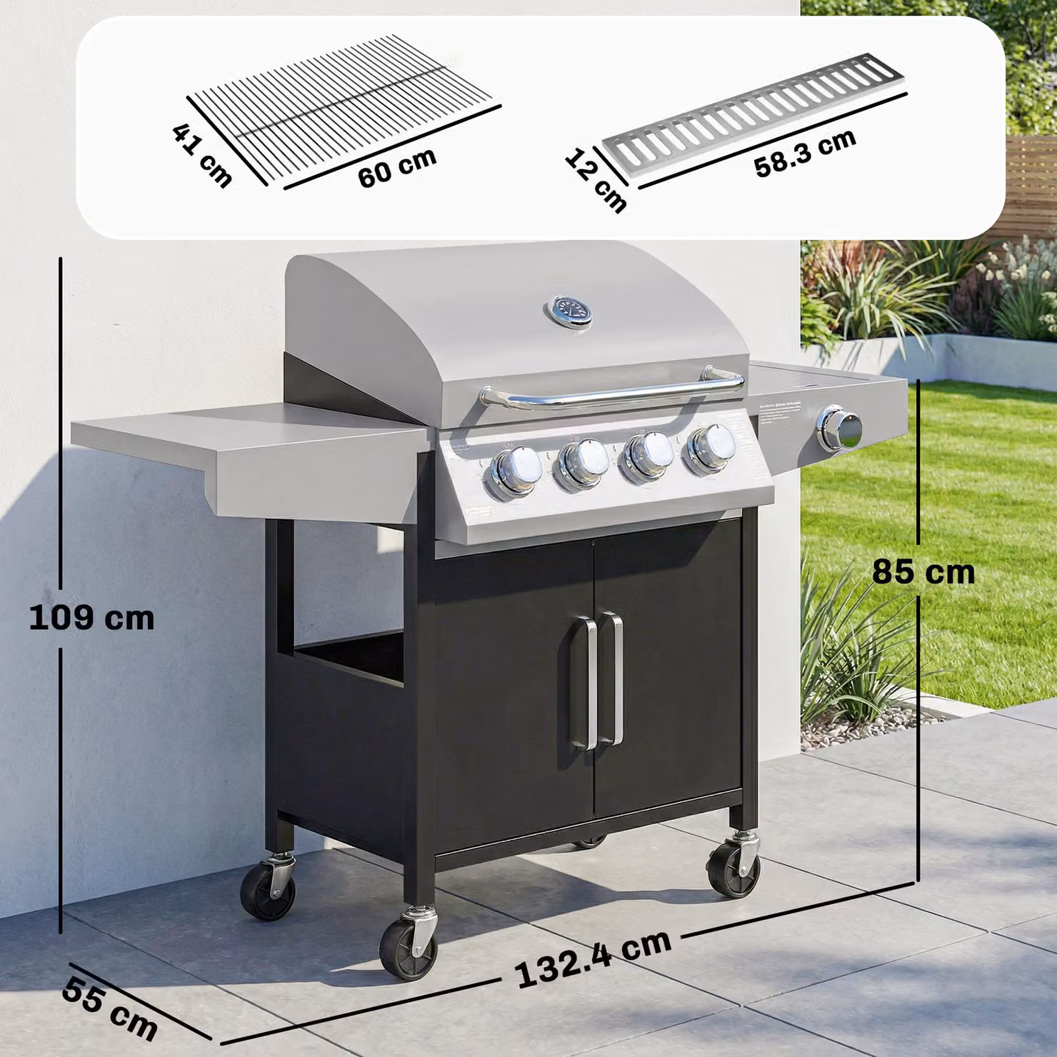 Outsunny 4+1 Burner Propane Gas BBQ Grill with Side Burner, 50000 BTU Steel Portable Barbecue with Built-in Thermometer, Warming Rack and Wheels – 3
