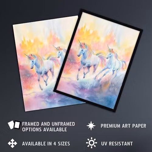 Artery8 Dreamy Rainbow Unicorns in Pastel Colour Forest Kids Nursery Wall Art Poster Print, W: 46 cm, H: 61 cm – 2