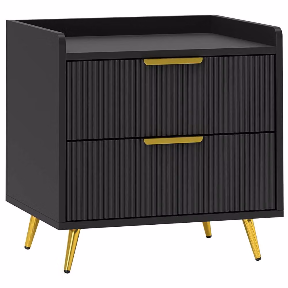 Wyld Haus Vevele Black 2 Drawer Ribbed Bedside Table with Gold Accents – 2